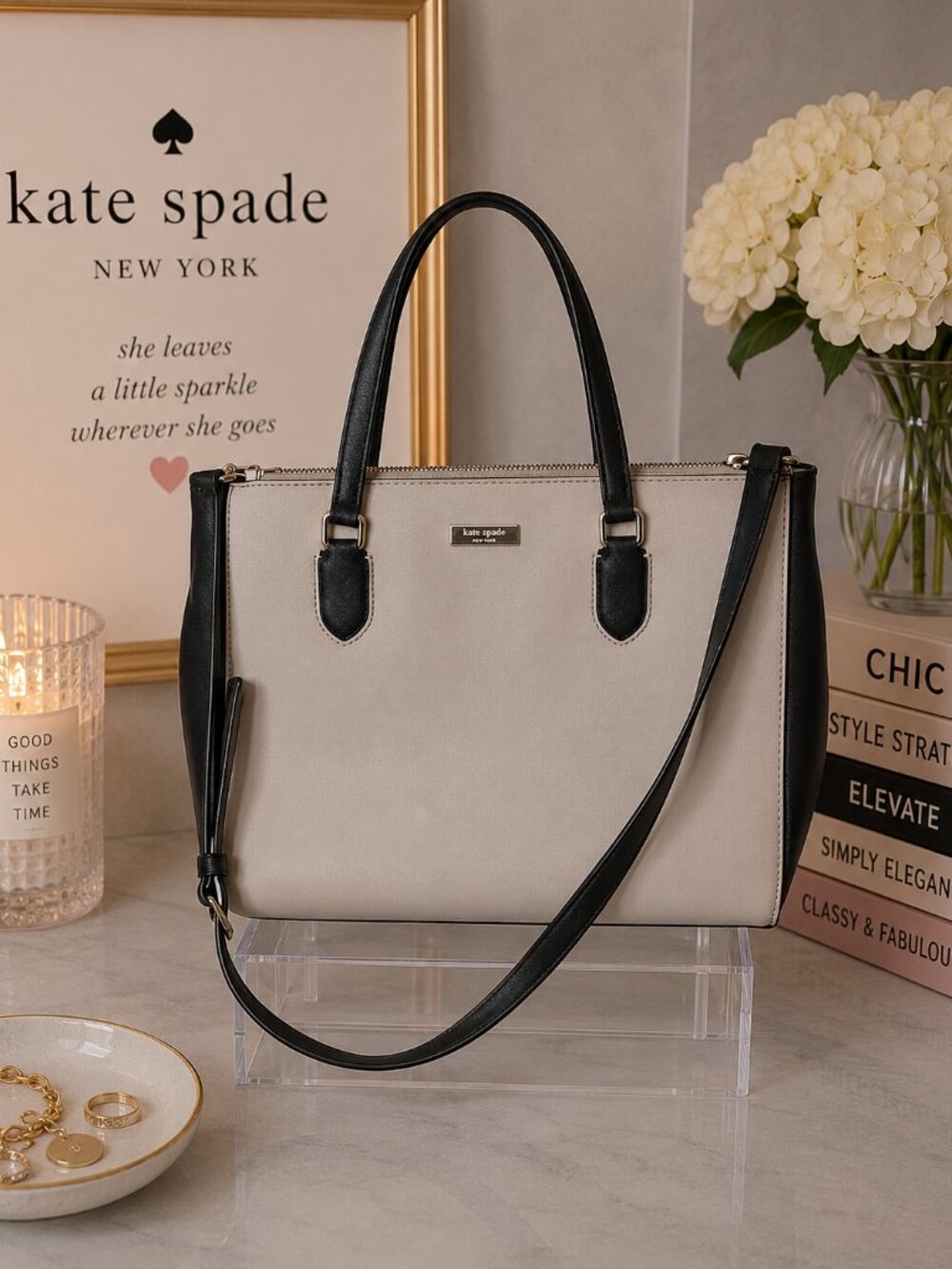 Kate Spade Laurel Way Leighann Satchel Tote Bag Almond Black Accent